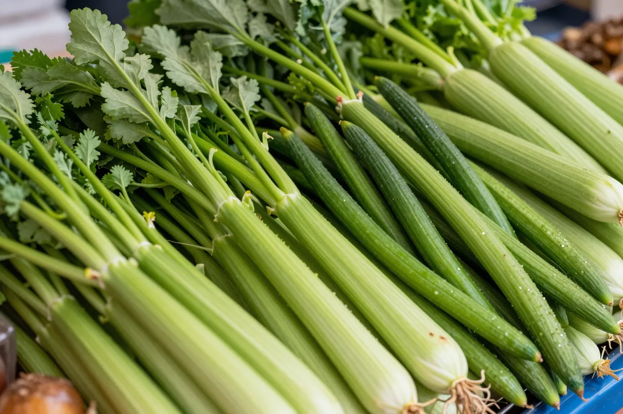 Piled fresh celery, cucumbers and leafy greens sit at a farmers market stall