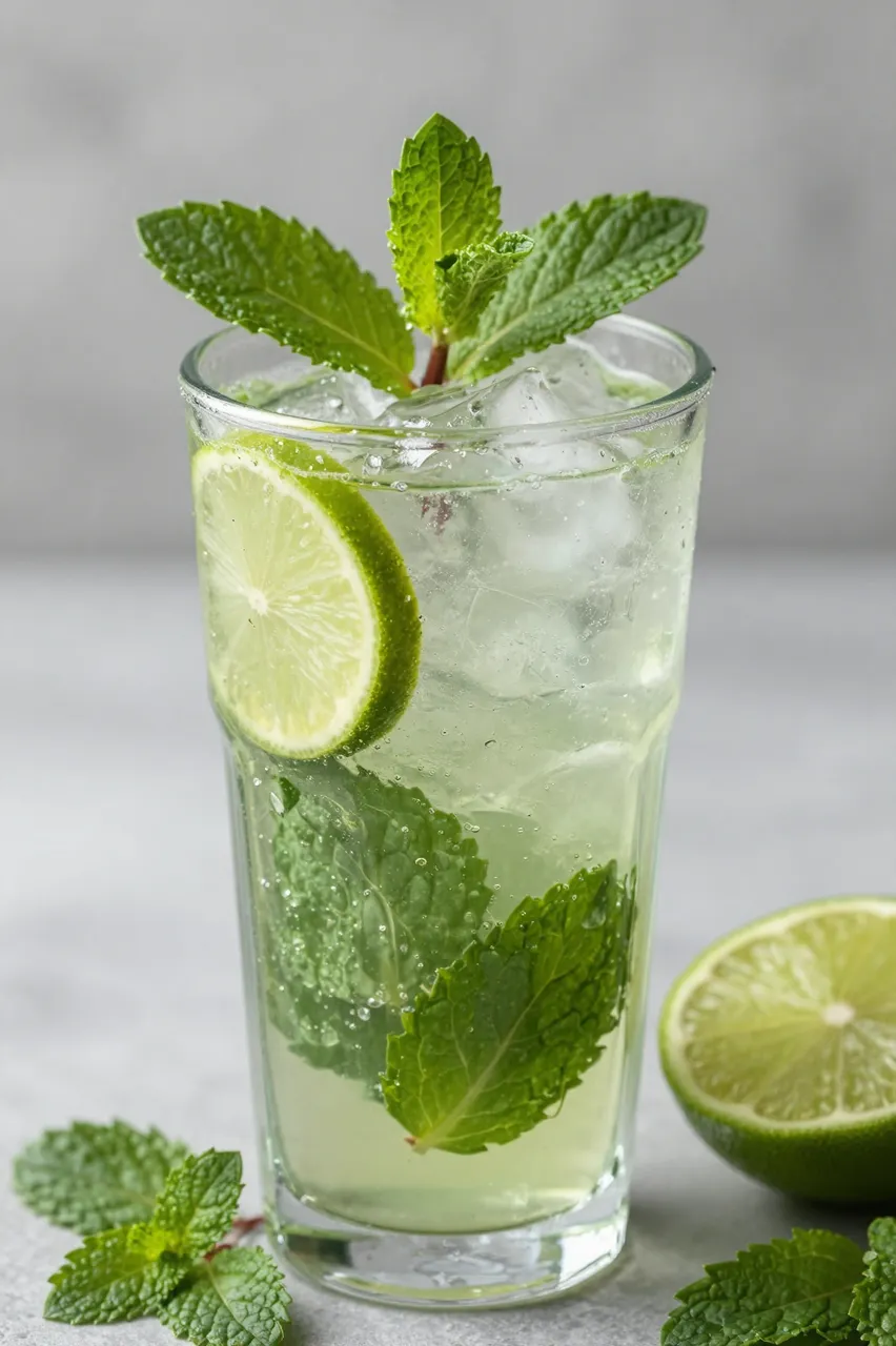 Tall glass of mojito with ice, mint, and lime sits beside extra mint and lime on a light gray surface