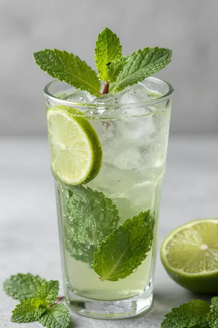 Tall glass of mojito with ice, mint, and lime sits beside extra mint and lime on a light gray surface