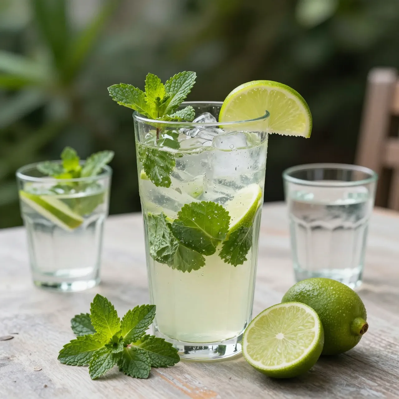 Tall and small glasses of mojito with mint, limes and ice sit on a weathered wooden garden table with blurred green foliage