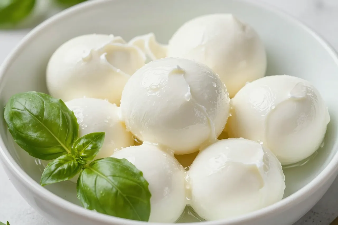 A close-up view of fresh mozzarella balls in a white bowl topped with bright green basil leaves