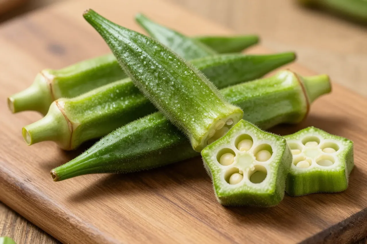 Fresh whole and sliced okra pods with dew drops rest on a wooden cutting board, showing the star-shaped cross section.