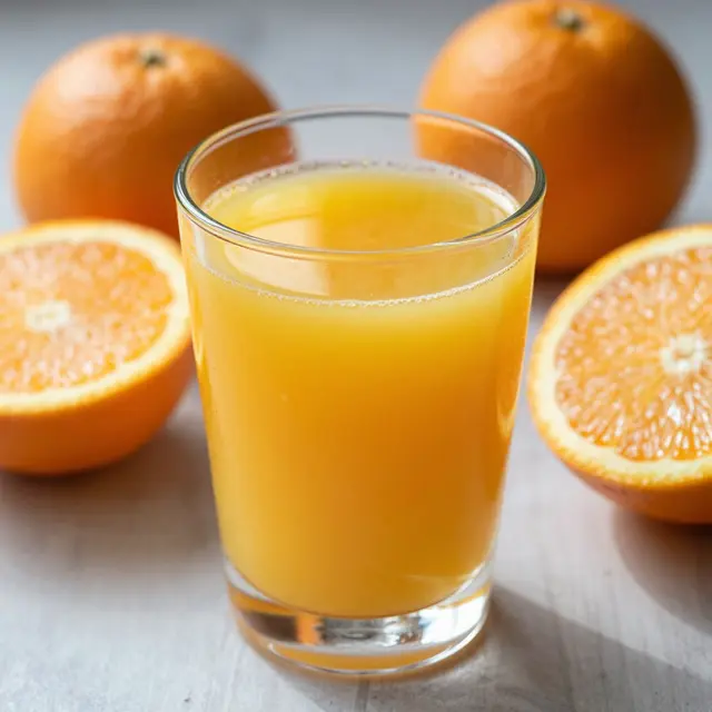 A glass of fresh orange juice surrounded by whole and sliced oranges on a light tabletop in soft morning light