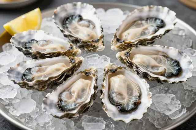 Raw shucked oysters rest on crushed ice on a metal tray beside a fresh lemon wedge.