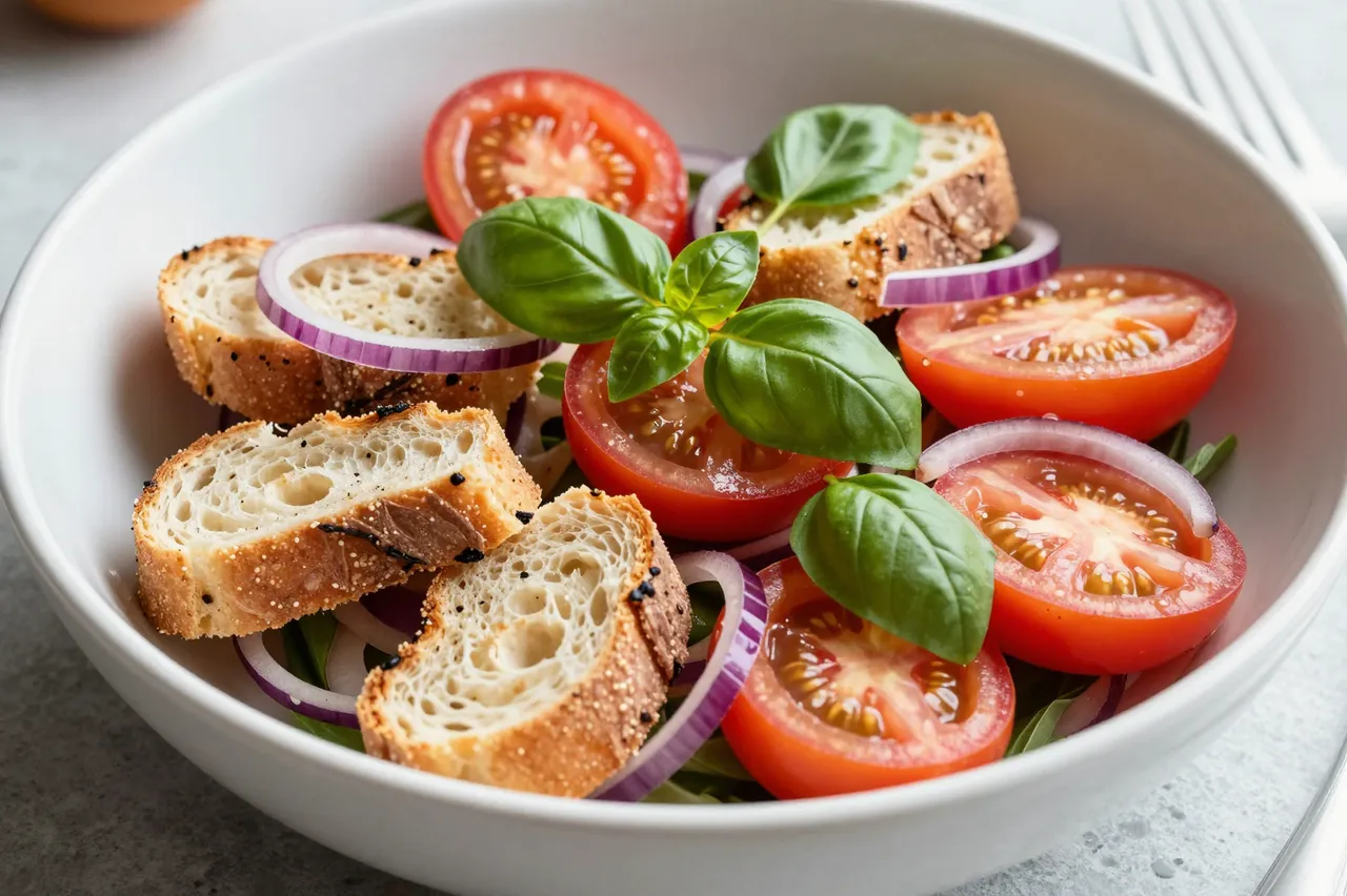 Close-up of panzanella salad with toasted bread, tomatoes, basil and red onion in a white wide bowl