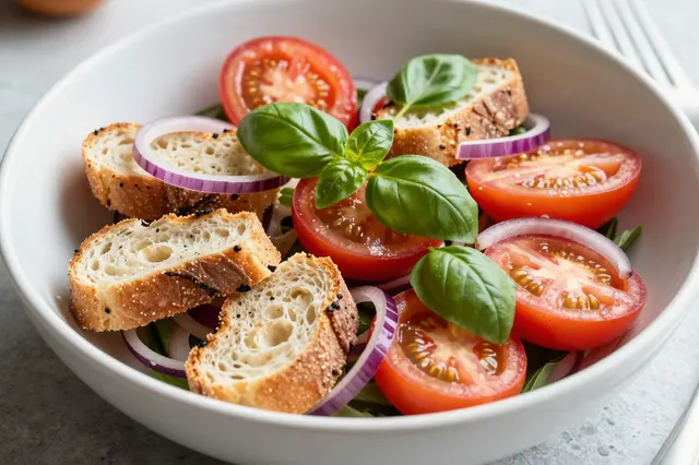 Close-up of panzanella salad with toasted bread, tomatoes, basil and red onion in a white wide bowl