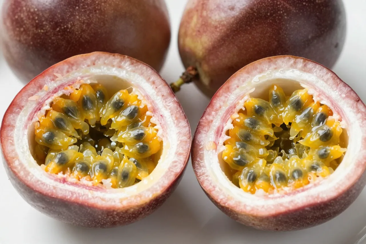 Close-up of halved passion fruit showing juicy pulp and seeds alongside whole fruits on a light surface