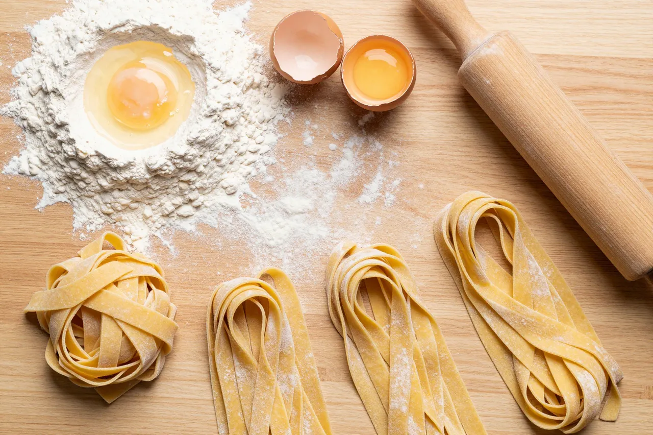 Top down view of raw pasta ingredients arranged on a light wooden work surface.
