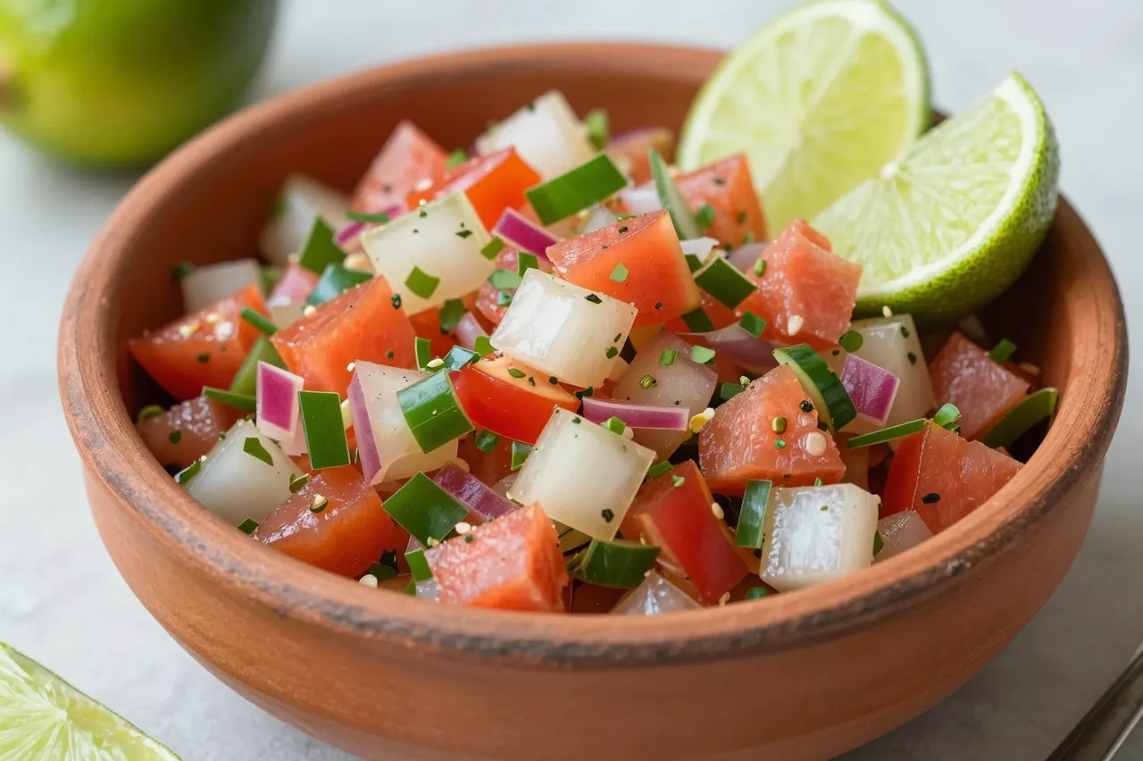 A terracotta clay bowl filled with fresh diced pico de gallo and topped with lime wedges sits on a light countertop