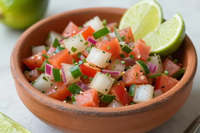 A terracotta clay bowl filled with fresh diced pico de gallo and topped with lime wedges sits on a light countertop