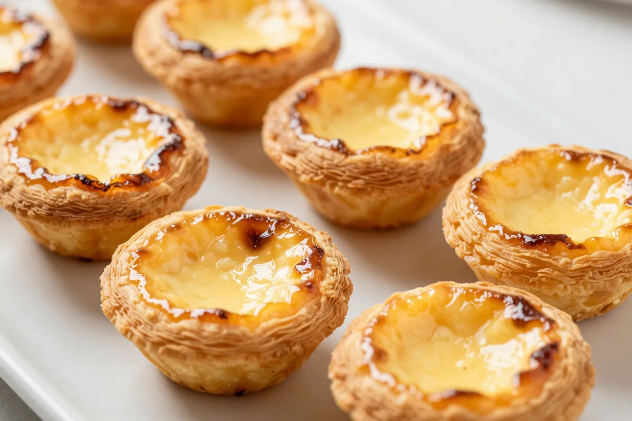 Golden caramelized Portuguese custard tarts arranged on a plain light serving tray