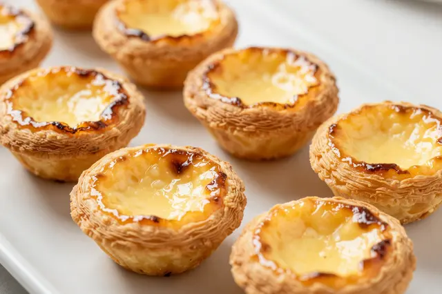 Golden caramelized Portuguese custard tarts arranged on a plain light serving tray