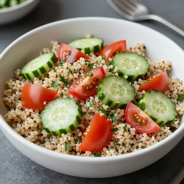 White bowl filled with quinoa salad topped with cucumber slices, tomato wedges and fresh herbs