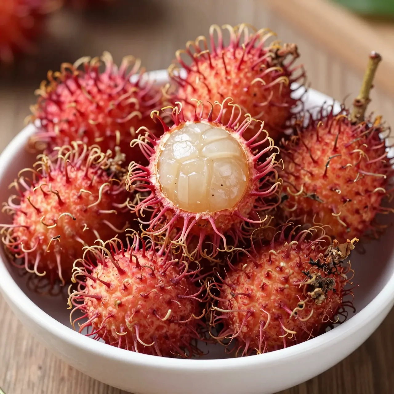 A close-up of whole and halved hairy red rambutans arranged in a small white bowl on a wooden tabletop