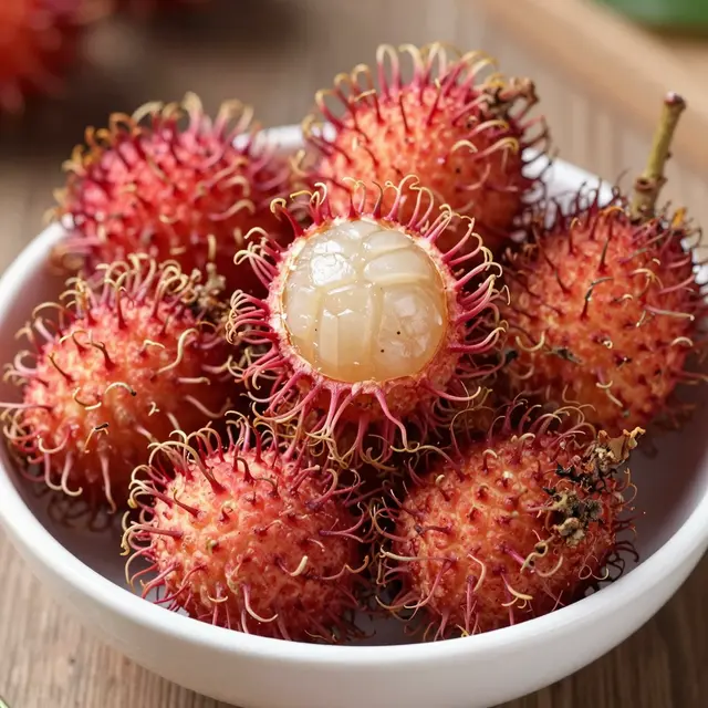 A close-up of whole and halved hairy red rambutans arranged in a small white bowl on a wooden tabletop