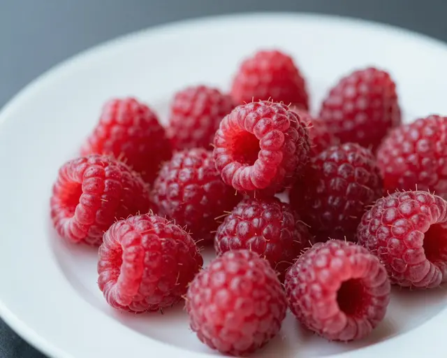 Close-up view of plump fresh raspberries arranged on a plain white plate