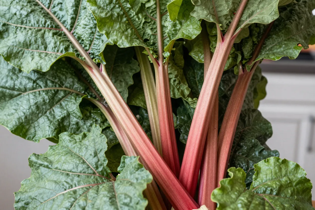 Close-up of vibrant red rhubarb stalks surrounded by large crinkled green leaves