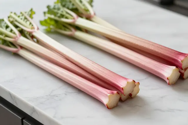 Bundles of fresh pink rhubarb stalks with leafy tops rest on a light gray marble countertop