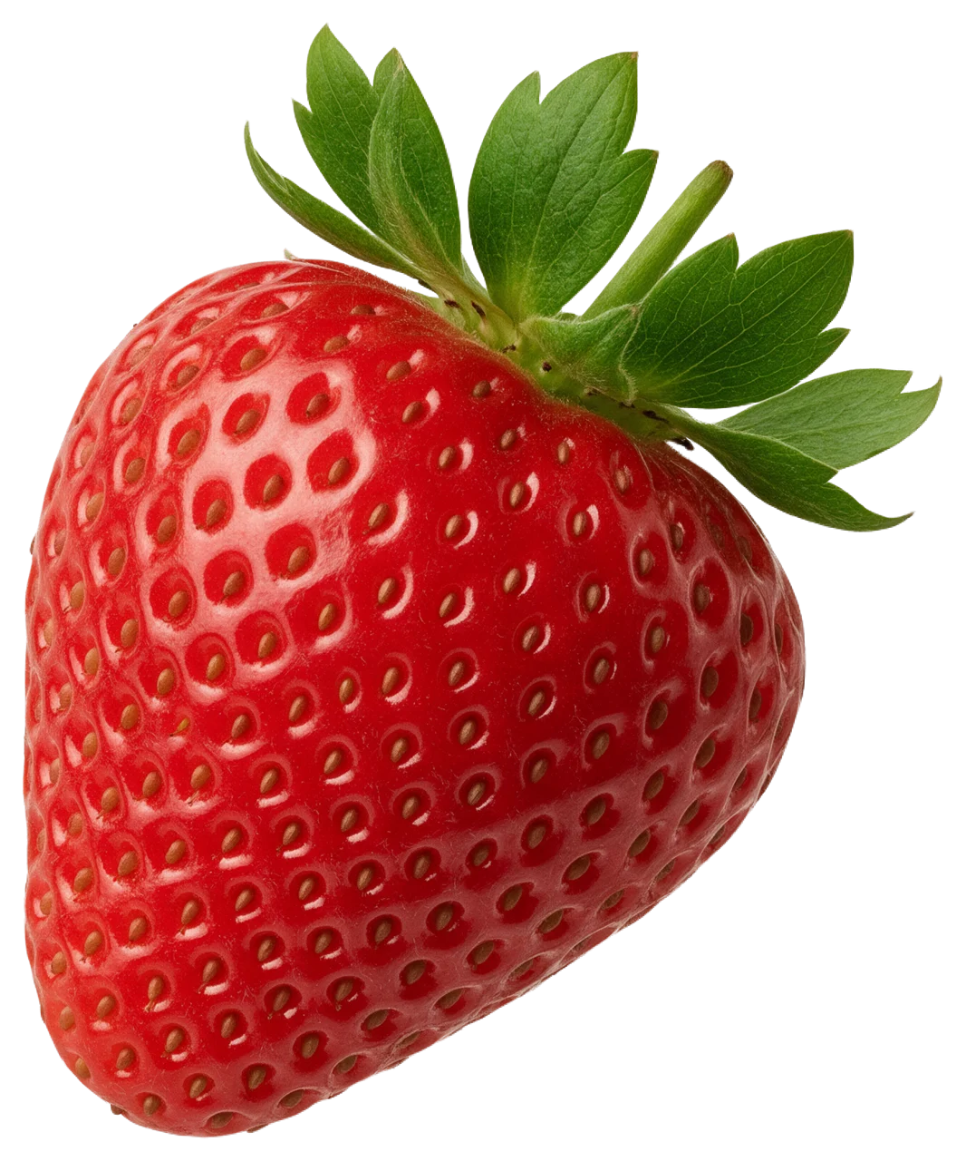 A single tilted ripe red strawberry with bright green serrated leaves.