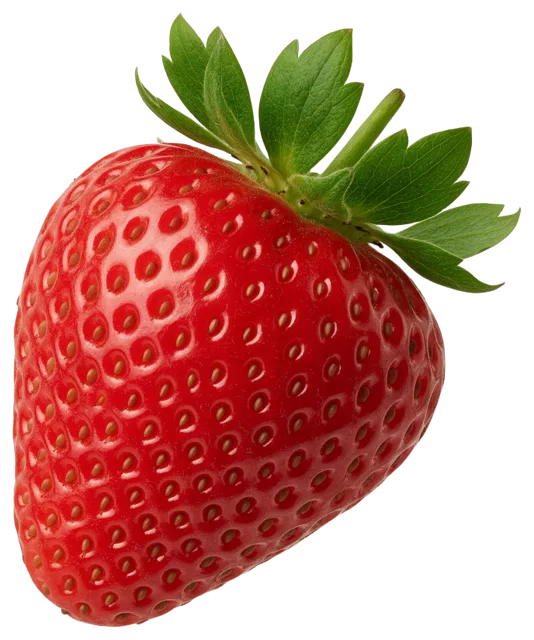 A single tilted ripe red strawberry with bright green serrated leaves.