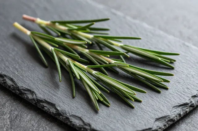 Fresh rosemary sprigs rest on a dark textured slate serving board.