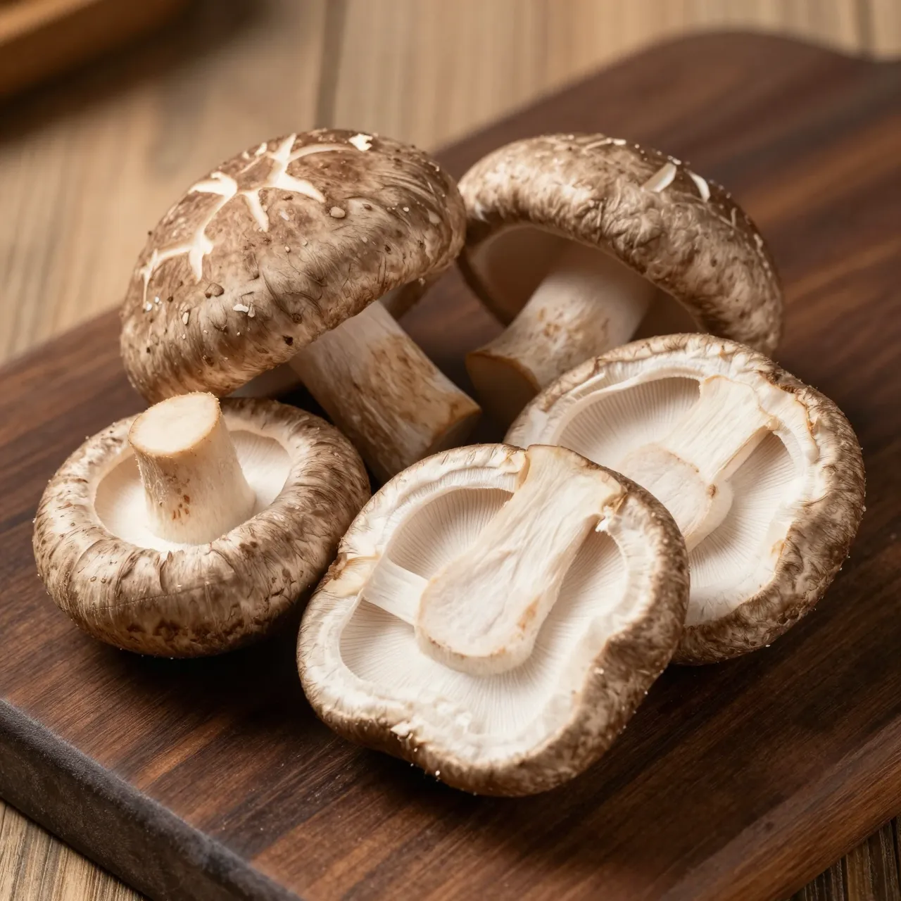 Whole and halved fresh shiitake mushrooms rest on a dark wooden cutting board with soft side lighting