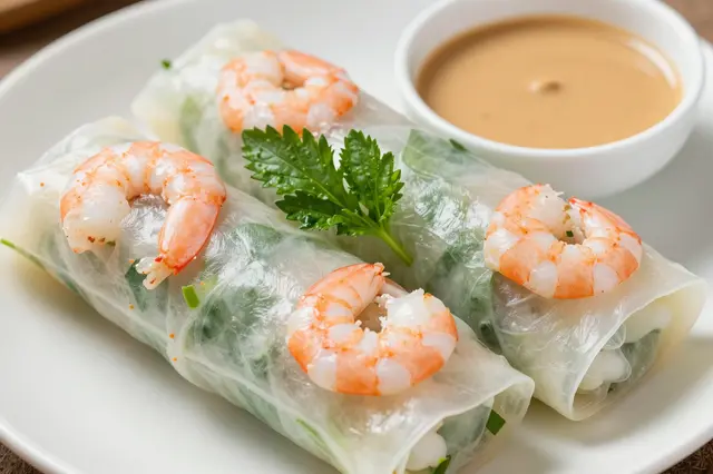 Shrimp spring rolls with herbs sit on a white plate beside a bowl of peanut dipping sauce.