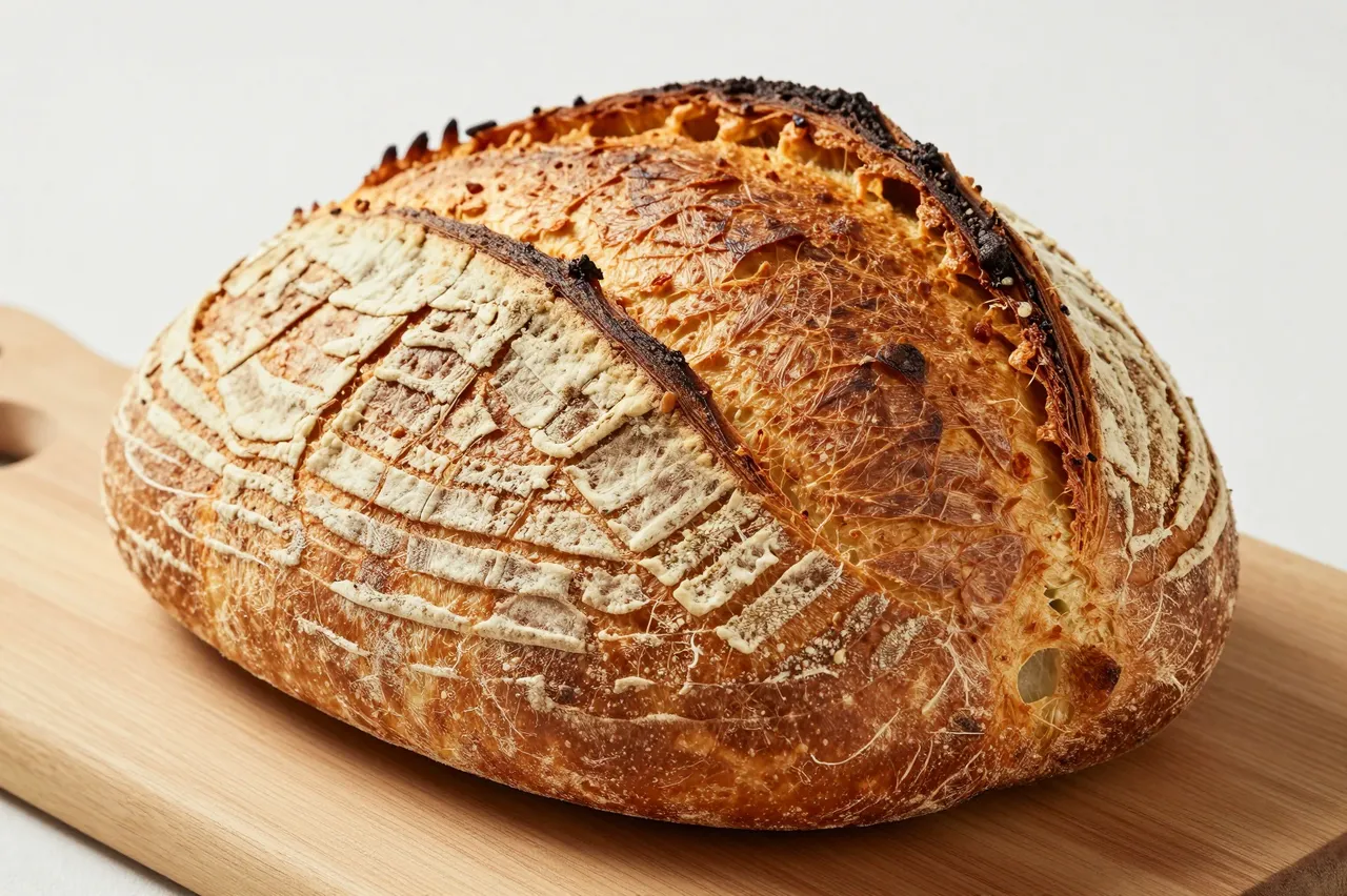 A crusty freshly baked sourdough loaf rests on a light wooden cutting board against a plain neutral background