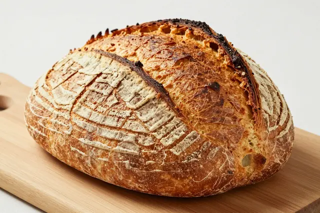 A crusty freshly baked sourdough loaf rests on a light wooden cutting board against a plain neutral background