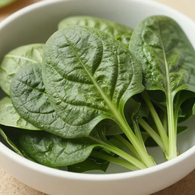Close-up of fresh wet baby spinach leaves resting in a white ceramic bowl