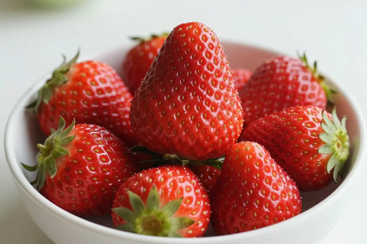 Ripe fresh red strawberries with green leafy tops sit piled in a small white bowl on a light surface