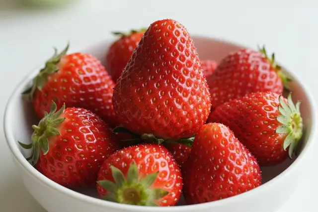 Ripe fresh red strawberries with green leafy tops sit piled in a small white bowl on a light surface