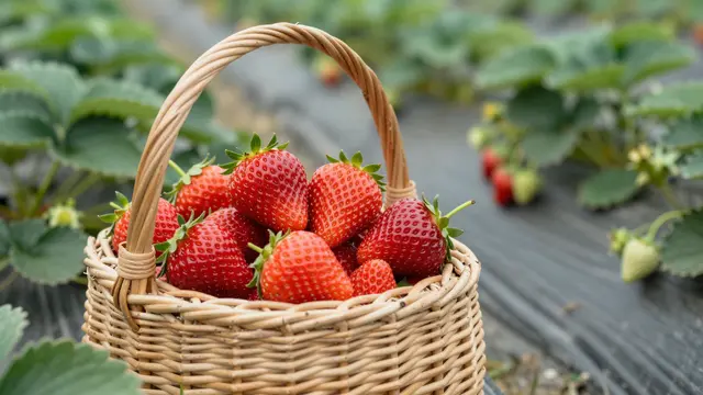 A wicker basket full of ripe red strawberries sits in a growing strawberry field