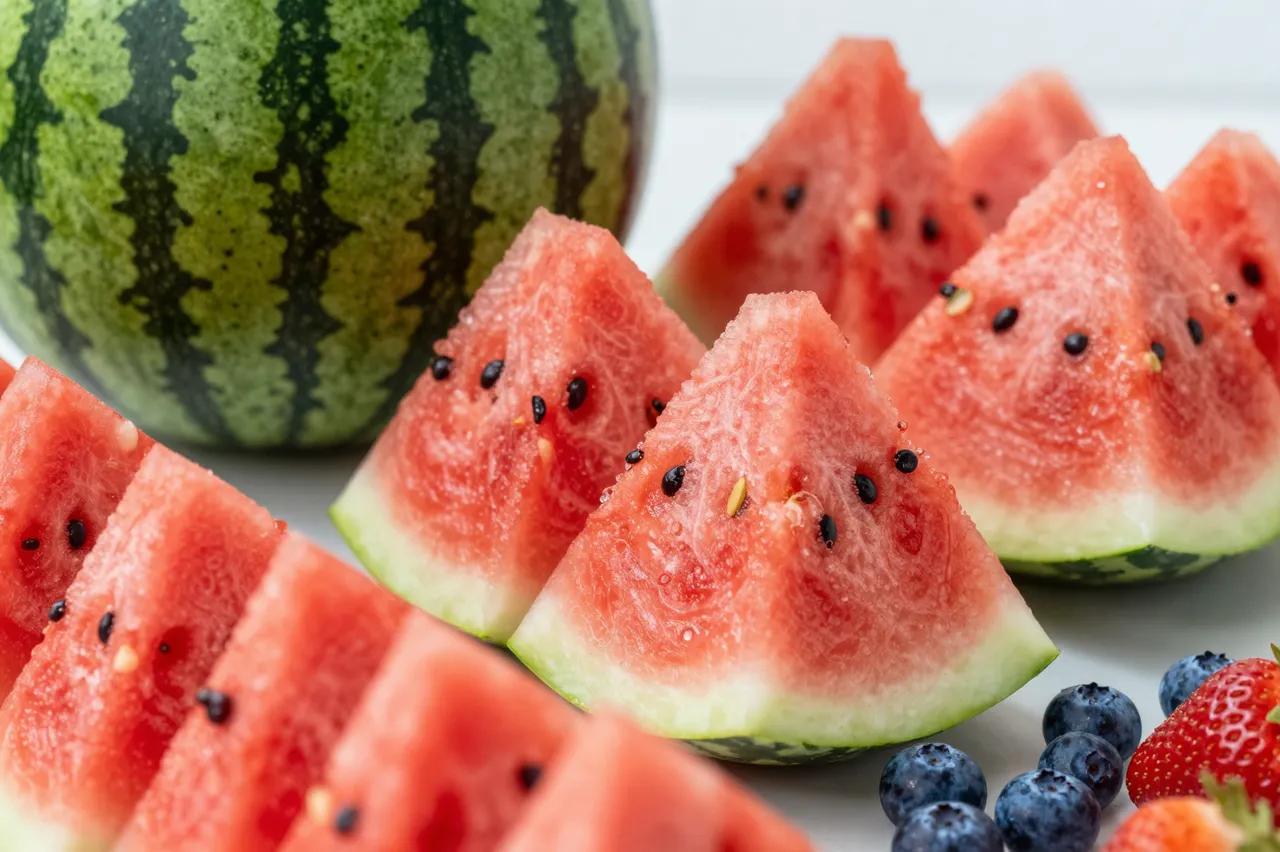 Sliced watermelon, whole berries, and a partial whole watermelon arranged on a light surface for a summer gathering