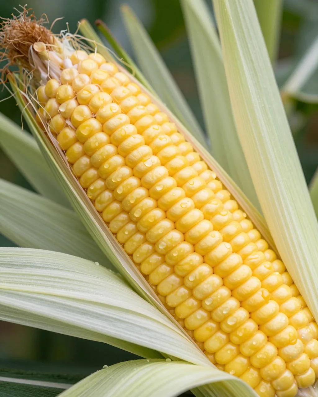 Macro close-up of a sweet corn ear with peeled back husk and glistening dew drops on plump yellow kernels