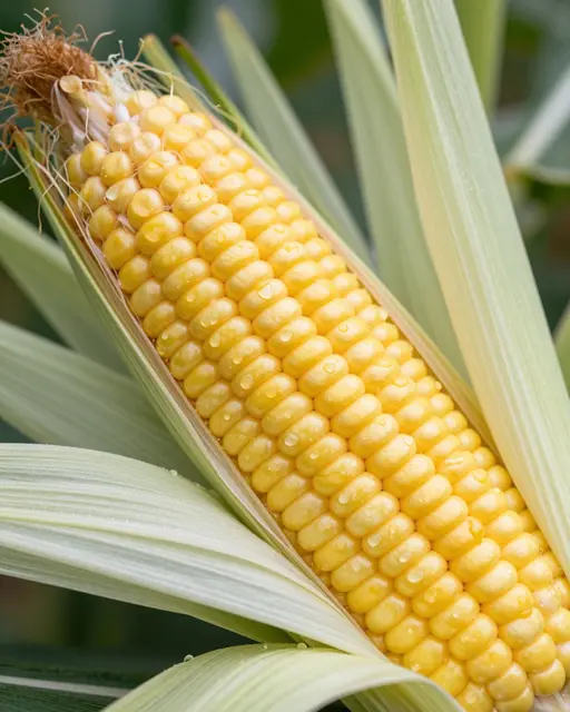 Macro close-up of a sweet corn ear with peeled back husk and glistening dew drops on plump yellow kernels