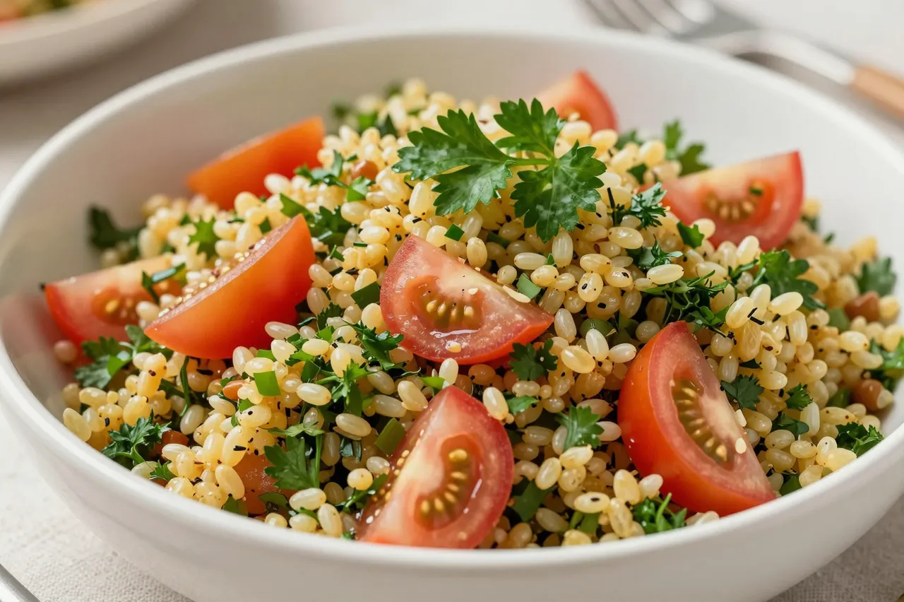 A white bowl holds tabbouleh salad with bulgur, fresh parsley and sliced red tomato wedges.
