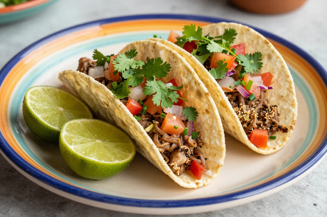 Two savory tacos with cilantro salsa and lime halves sit on a striped ceramic plate atop a light gray countertop.