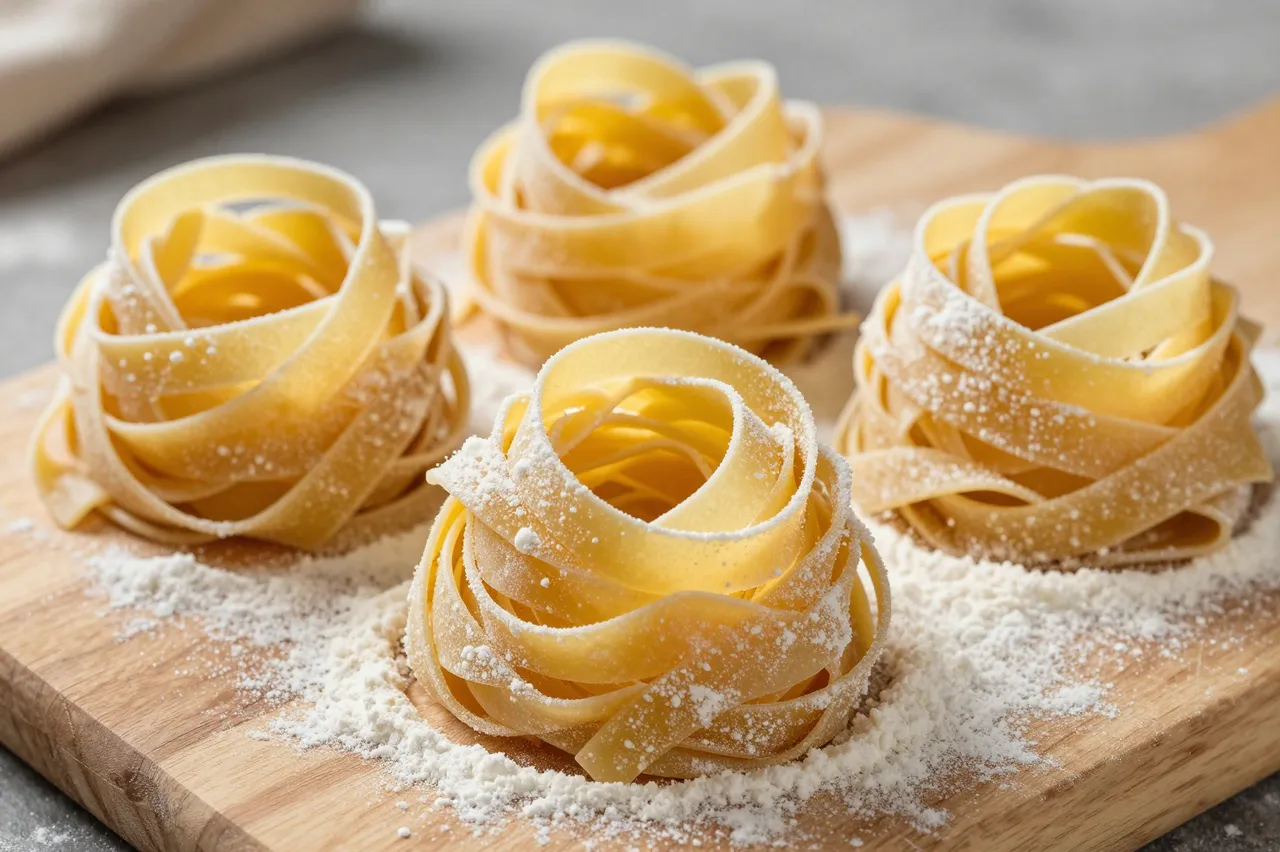 Four dusted fresh tagliatelle nests rest on a floured wooden cutting board