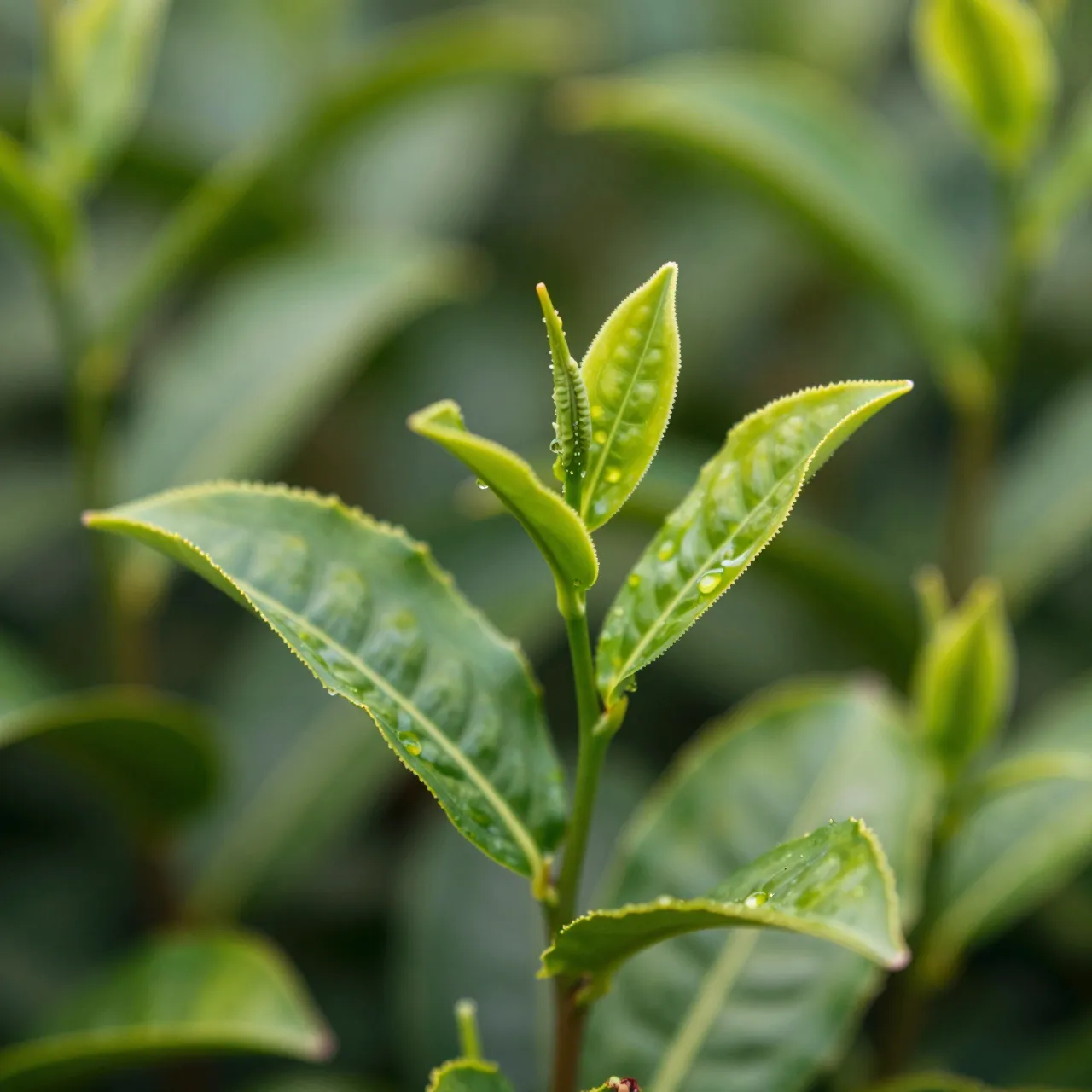 Close up macro shot of fresh tea leaf buds with dew drops on a tea bush.