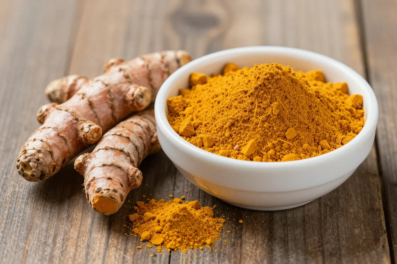 Whole turmeric roots sit next to a white bowl filled with ground turmeric powder on a rustic wooden table