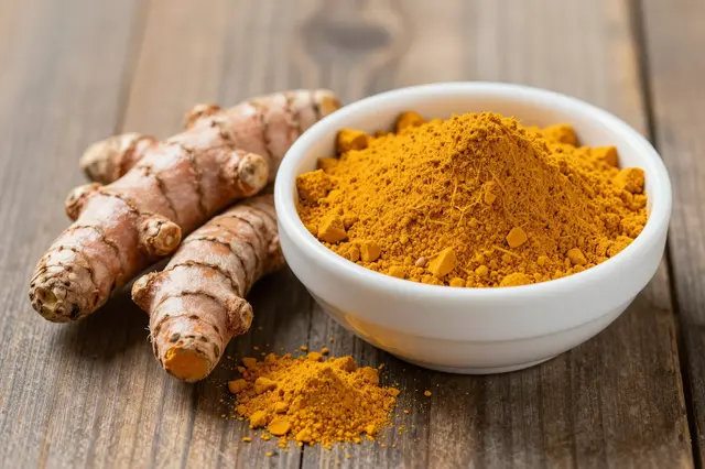 Whole turmeric roots sit next to a white bowl filled with ground turmeric powder on a rustic wooden table