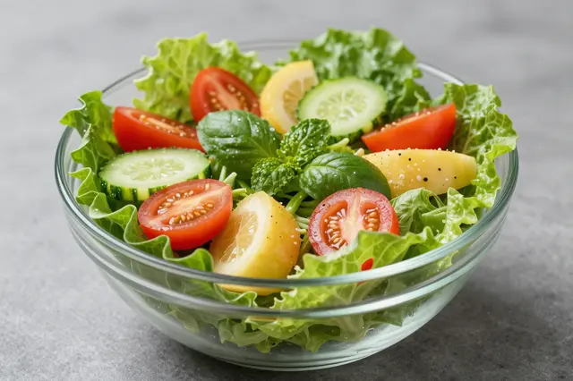 Glass bowl of vibrant fresh salad with tomatoes, cucumber, lemon and leafy greens on a gray countertop