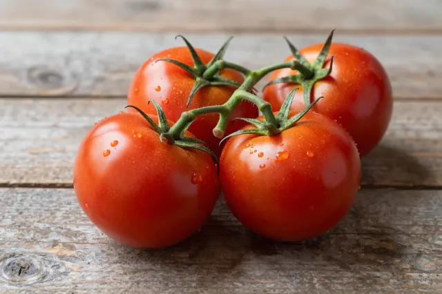Ripe red vine tomatoes with water droplets rest on a weathered wooden table
