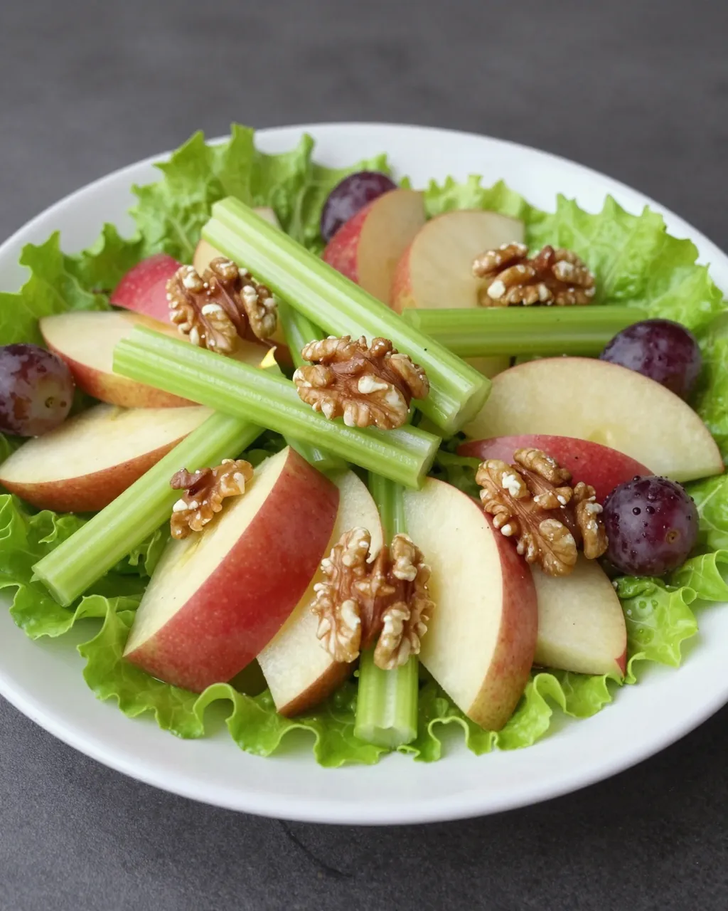 Prepared Waldorf salad arranged on a white plate over crisp lettuce with apples, celery, walnuts and grapes.