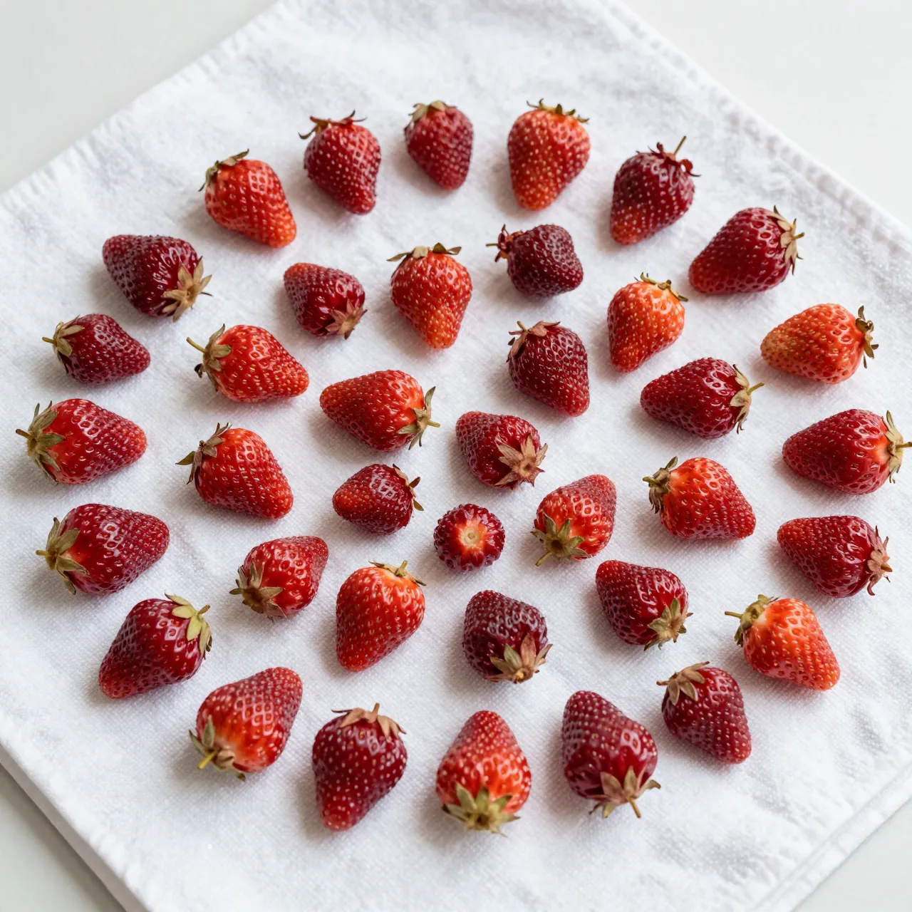 Top-down view of freshly washed strawberries arranged on a white woven tea towel in bright light