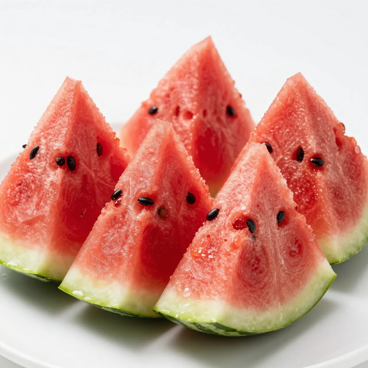 Five fresh wedge watermelon slices arranged upright on a plain white plate against a white background