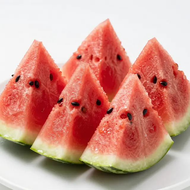 Five fresh wedge watermelon slices arranged upright on a plain white plate against a white background