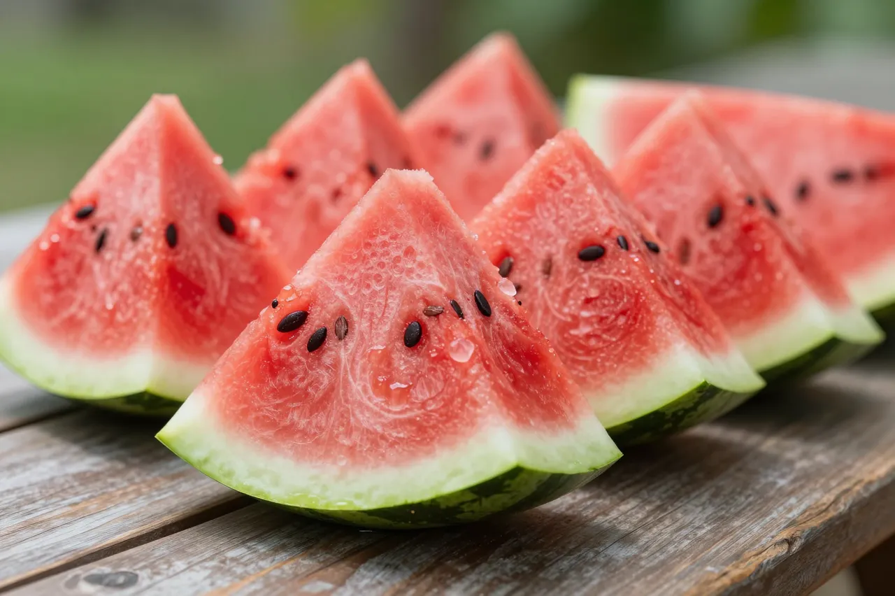 Arranged watermelon wedges with water droplets sit on a weathered wooden picnic table outdoors.