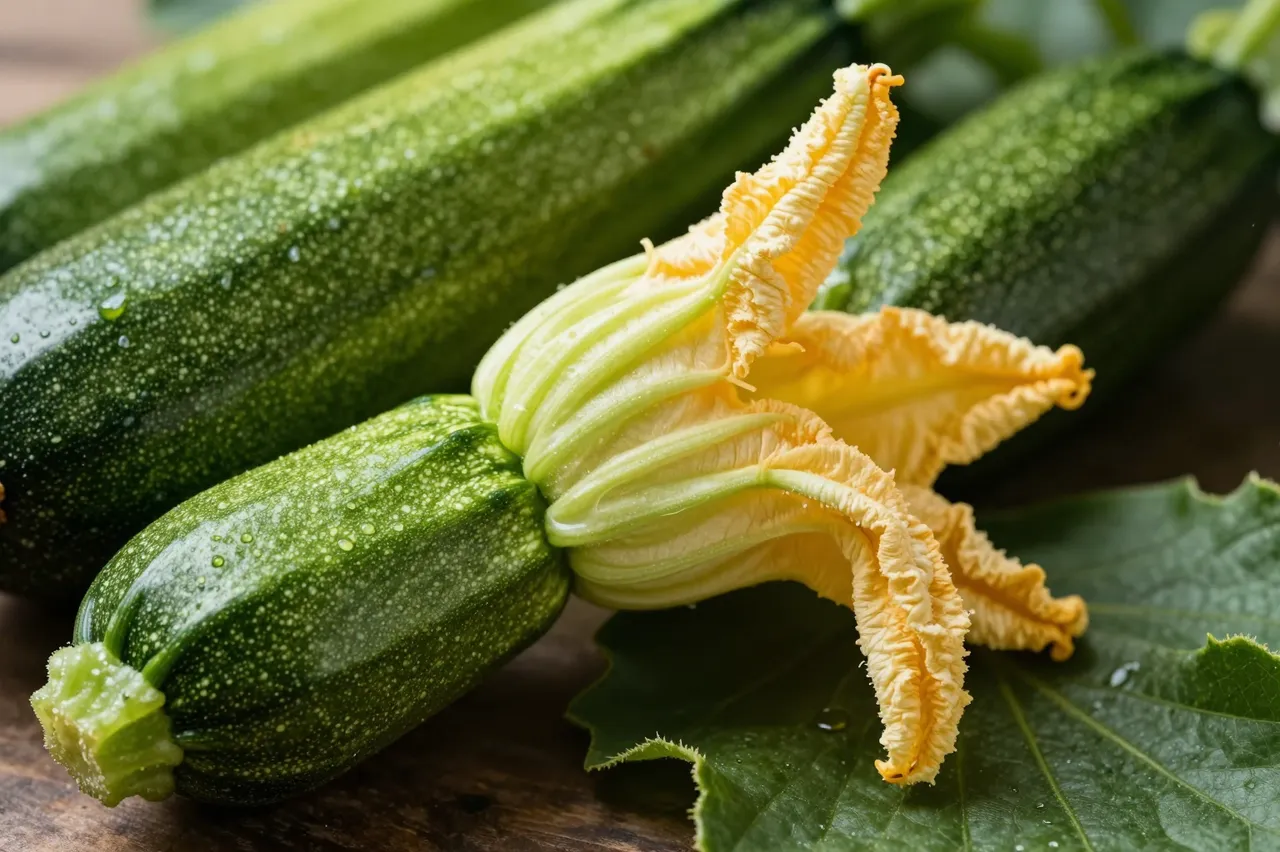 Close-up of fresh zucchinis with attached yellow blossom and water droplets resting on a wooden surface